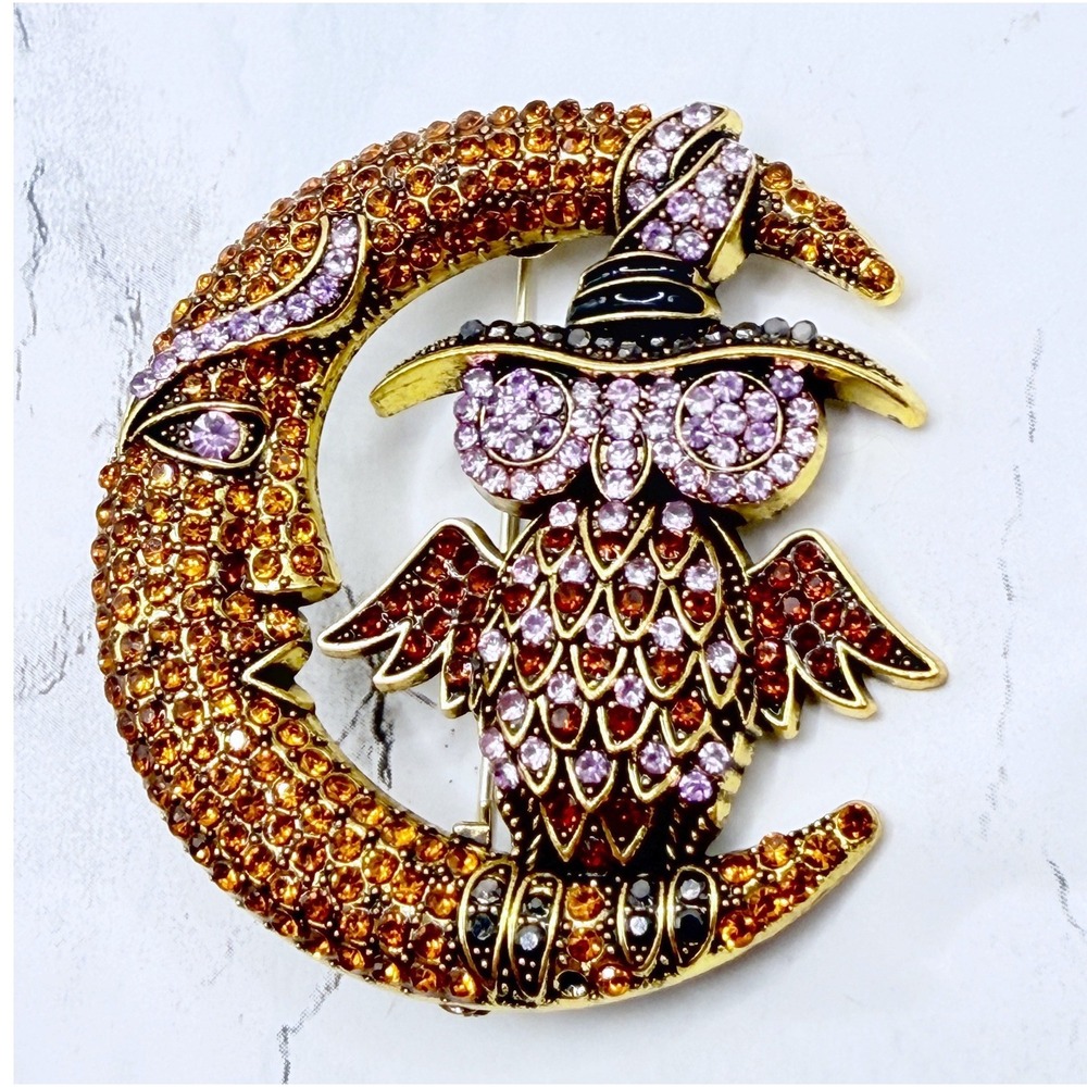 Owl Witch Brooch Crescent Moon Purple Rhinestone Halloween Pin 2" Spooky Cute